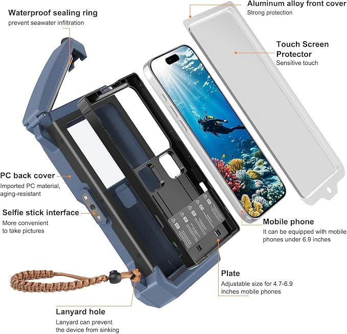 Underwater Phone Case for Snorkeling & Diving (50ft/15m), IP68 Waterproof Case for Swimming, Universal Underwater Touch Screen Case Compatible with iPhone (Blue+Black, 5th Generation Phone Case)