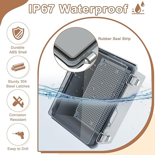 Nineleaf Electrical Junction Box IP67 ABS Plastic WiFi Enclosure with Hinged Cover with Mounting Plate, Wall Brackets, Cable Glands (Clear, 8.7"x6.7"x4.3")