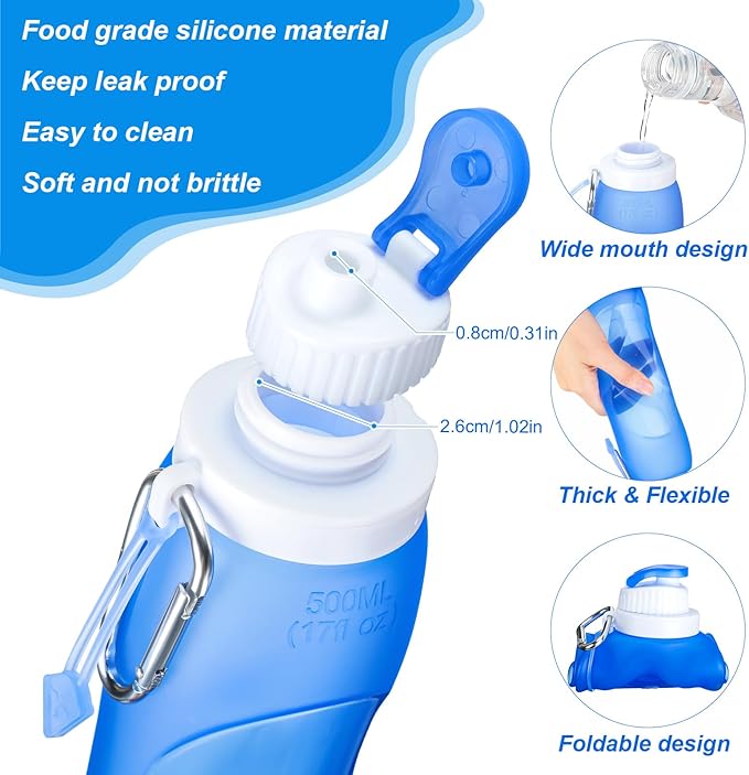 Zopeal 4 Pieces Collapsible Water Bottles Roll up Folding Silicone Foldable Leak Proof Water Bottles for Sports Traveling Riding Camping Hiking Backpack