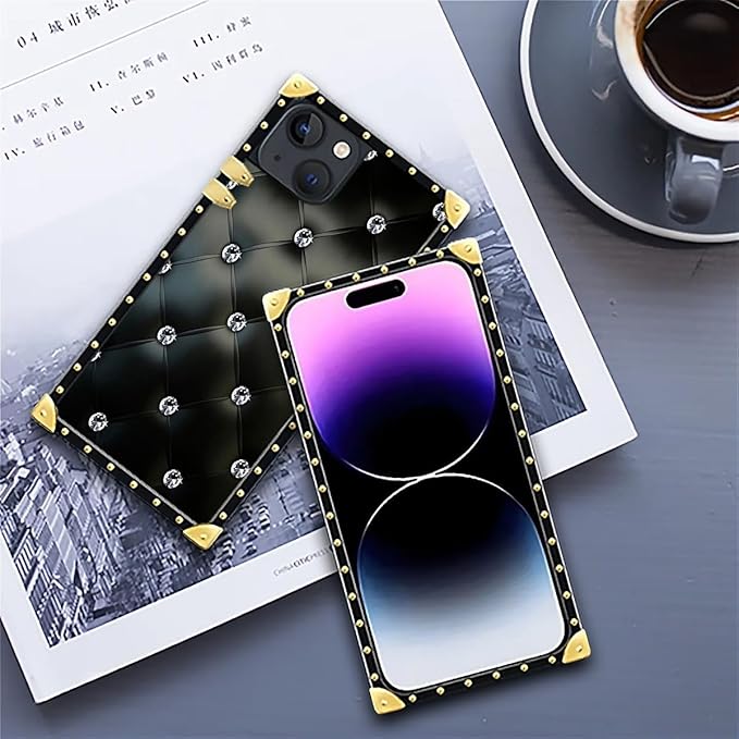 Compatible with iPhone 14 Case, Shiny Black Sofa Crystal Luxury Golden Decoration for Girl Women Soft TPU Shockproof Protective Hard PC Back for iPhone 14