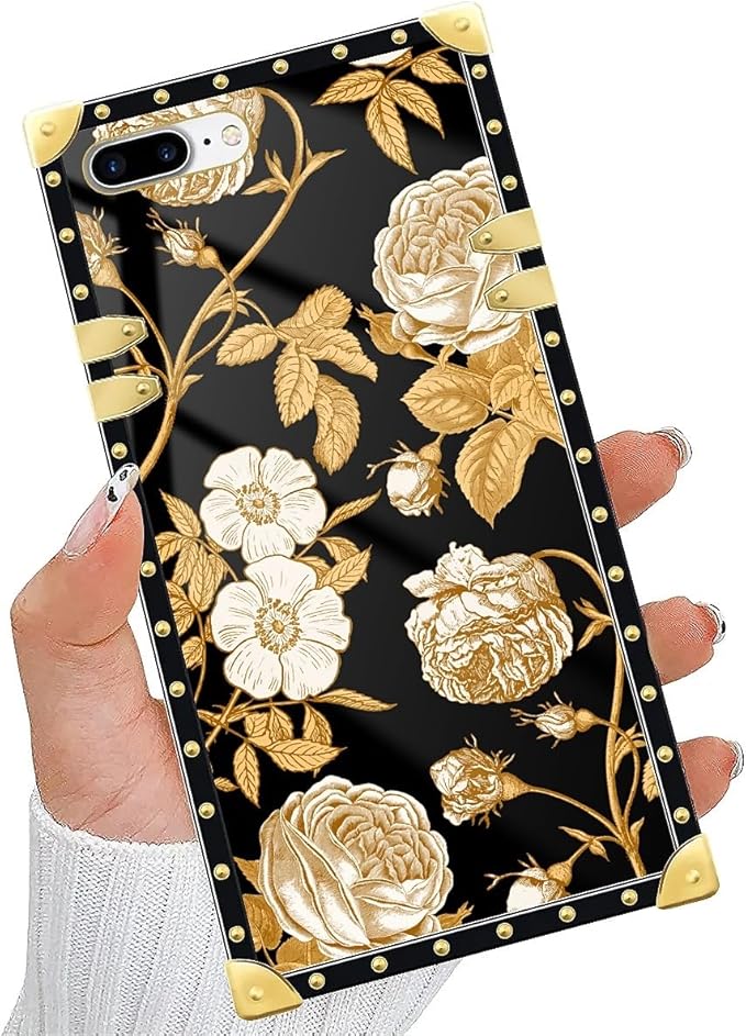 Compatible with iPhone 8 Plus 7 Plus Case, Blooming Rose Golden Flower Luxury Golden Decoration for Girl Women Soft TPU Shockproof Protective Hard PC Back for iPhone 8 Plus 7 Plus