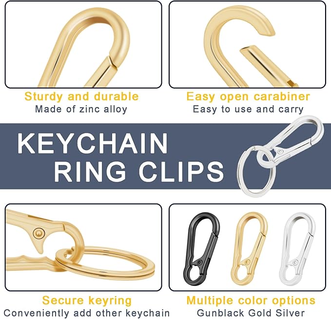 4Pack Small Keychain Rings, Metal Key Carabiner Clip, Mini EDC Key Ring Chain Holder Organizer for Purse Charm Hook, Car Keychain, Paracord Keychain Lanyard, Men and Women Key Fob (Light Gold)