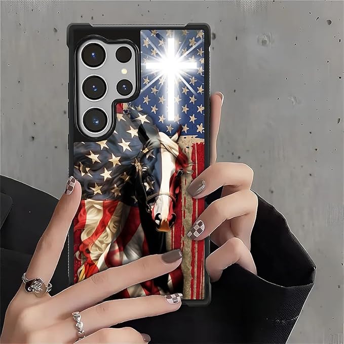 for Samsung Galaxy S26 Ultra Case,Graphic Design for Girl Boy Soft Silicone Hard Acrylic Shock Protection Designed for Samsung Galaxy S26 Ultra Red American Flag Horse Cross Pattern