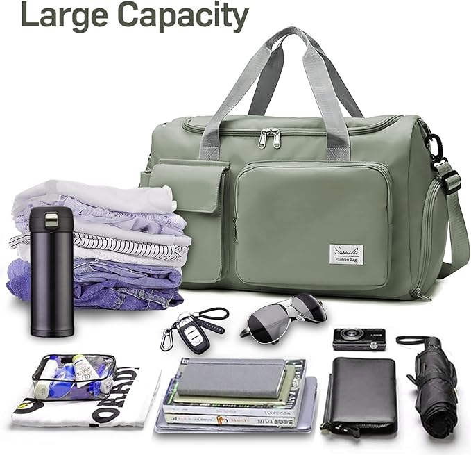 Suruid Travel Duffel Bag with Shoes Compartment Sports Gym Bag with Dry Wet Separated Pocket for Men and Women, Overnight Bag Weekender Bag Training Handbag Yoga Bag - Dark Green