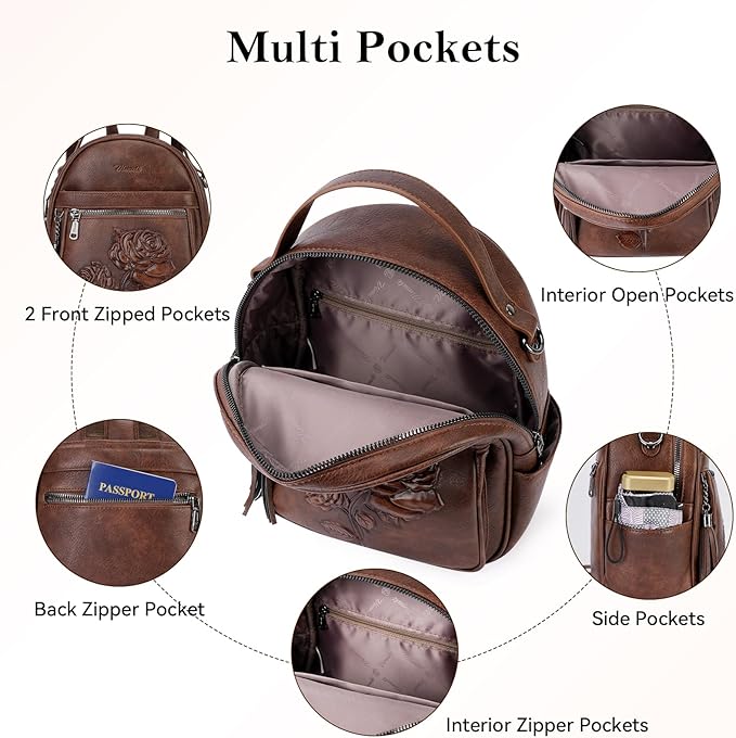 Mini Backpack Purse for Women,Embossed Leather Small Backpack Fashion Travel Backpacks Daypacks Shoulder Handbag (COFFEE-Flower)