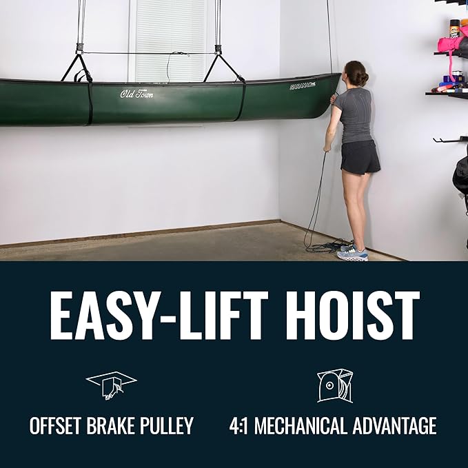 Teal Triangle Heavy Duty Elite Canoe Hoist, Easy-Lift Garage Pulley System, Holds 150 lbs, Fits 8-Foot Ceilings, Patented No-Slip Strap, No Setup Required