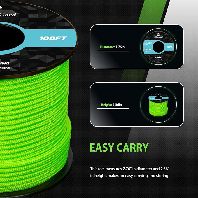 Abma Cord 2.4mm Paracord 275 100ft Nylon Rope 4 Strands Tactical Parachute Cord - Max. 275lbs - Neon Green
