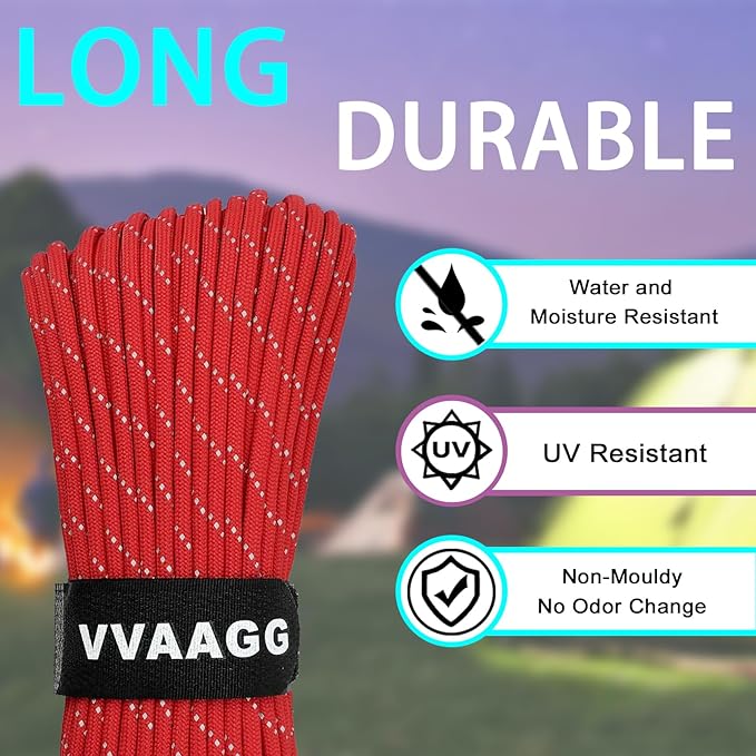 VVAAGG Reflective Paracord Rope 100FT, 7 Strand Nylon para Cord Lanyard Utility 550 Parachute Cord, 4mm Thin Tent Rope for Outdoor Camping Hiking