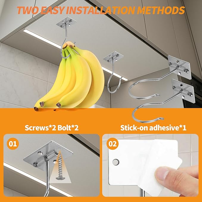 2PCS Banana Hook Under Cabinet,Adhesive Bananas Hanger with Fordable Design,Durable Metal Banana Holder for Hanging Bananas,Kitchen Organization Or Multi-Purpose Home Us(Silver)