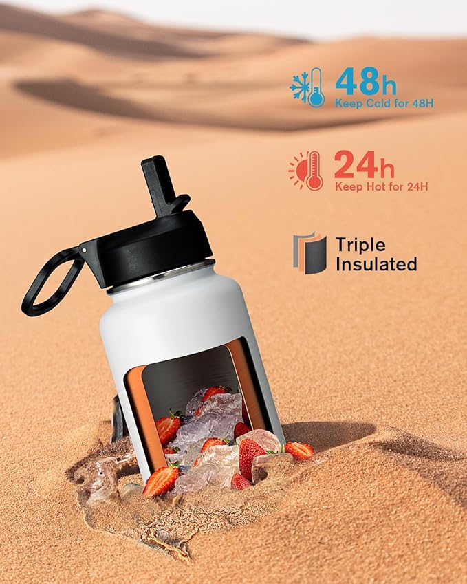Coolflask Water Bottle 32 oz Insulated with Straw, Stainless Steel Metal 3 Lids Water Flask Wide Mouth for Sports or Office, Non-BPA Keep Cold Up to 48 Hrs or Hot Up to 24 Hrs, White