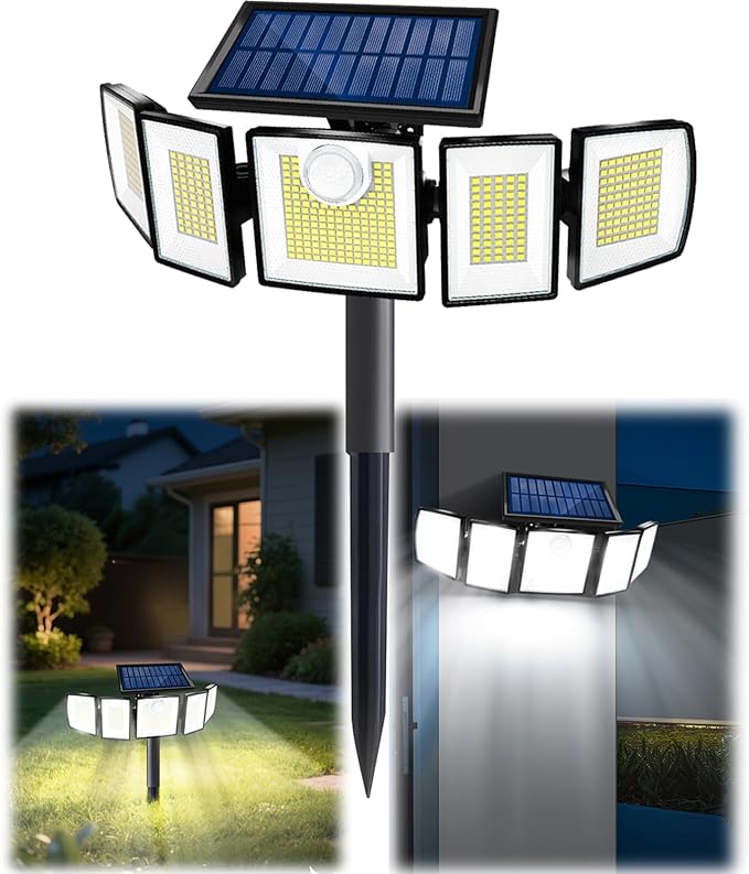 MDCMDCM Solar Lights Outdoor Waterproof Motion Sensor - 416 LEDs 3000 Lumens Super Bright 3 Brightness 3 Modes 2400mAh 360° Illumination 32ft Solar Flood Security Light for Outside (with Stakes, 1)