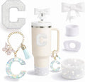 6PCS White Stanley Cup Accessories Set Fit for Stanley Cup 30oz 40oz. Including Handle Charm, Personalized Initial Sticker, Straw Topper, Sparkly Silicone Boot, Spill Proof Stopper (Letter-C)