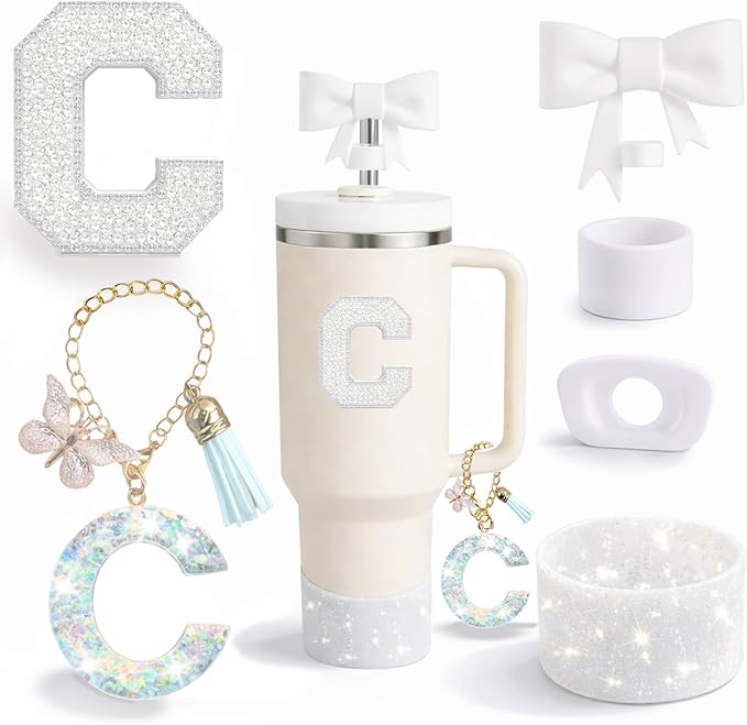 6PCS White Stanley Cup Accessories Set Fit for Stanley Cup 30oz 40oz. Including Handle Charm, Personalized Initial Sticker, Straw Topper, Sparkly Silicone Boot, Spill Proof Stopper (Letter-C)