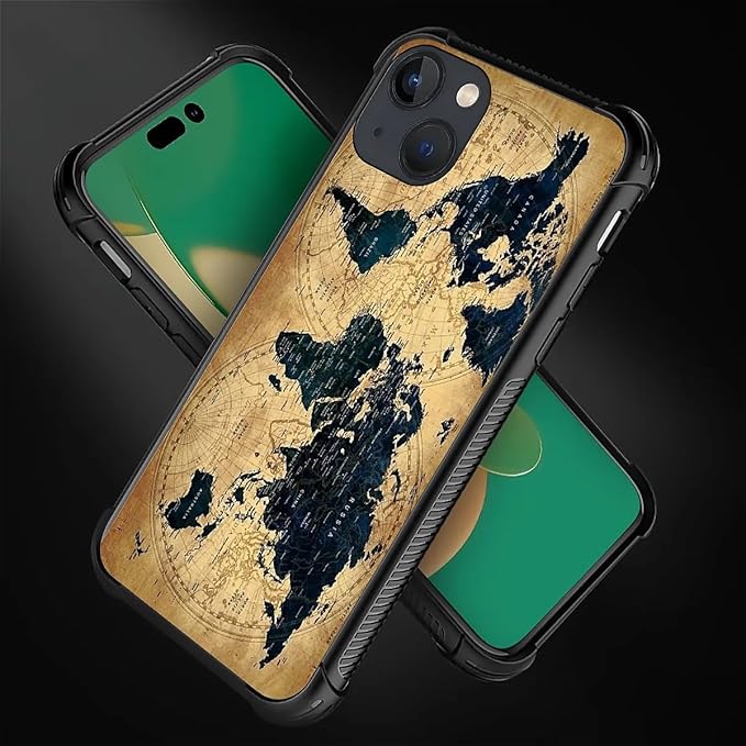 for iPhone 13 Case, Brown World Map Pattern Graphic Design Girl Boy Soft Silicone Hard Acrylic Shock Protection for iPhone 13