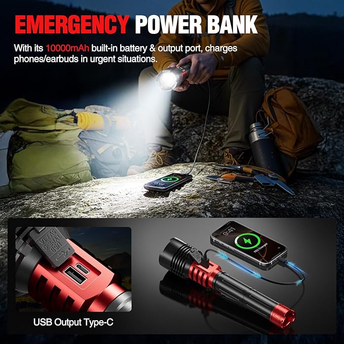 WdtPro Rechargeable LED Flashlights High Lumens, Super Bright 90000LM Rechargeable Flashlight with LCD Display, 5 Modes & Waterproof Powerful 10000mAh 30H Flashlight for Camping Emergency Red