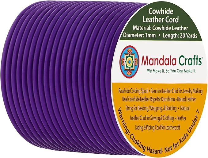 Mandala Crafts Round Genuine Purple Leather Cord for Jewelry Making – 1mm Cowhide Leather Rope String Lace for Kumihimo – 20 Yards Cowhide Craft Cording Spool