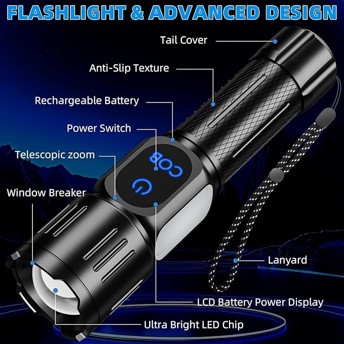 Rechargeable LED Flashlight, Super Bright 99000 High Lumens Flash Light, 9 Modes Zoomable Flashlight with LCD Display, Waterproof Tactical Flashlights for Camping, Home Emergency