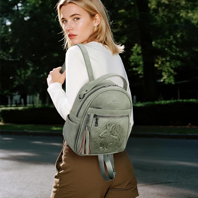 Mini Backpack Purse for Women,Embossed Leather Small Backpack Fashion Travel Backpacks Daypacks Shoulder Handbag (GREEN-Rabbit)