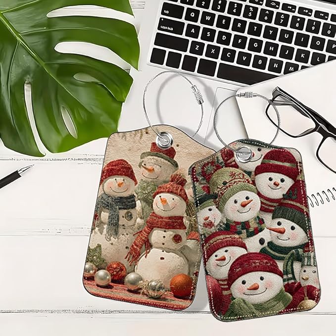 2 Pack Cute Snowman Luggage Tags for Suitcases, Festive Winter Wonder ID Tags with Privacy Cover, PU Leather Bag Identifiers, Spring Ski Trip & Summer Vacation Gift, Mother's Day, 2 Styles