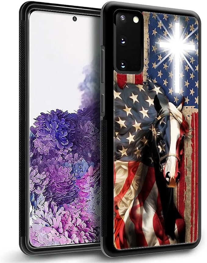 for Samsung Galaxy S20 Plus Case, Red American Flag Horse Cross Pattern Graphic Design Girl Boy Soft Silicone Hard Acrylic Shock Protection for Samsung Galaxy S20 Plus
