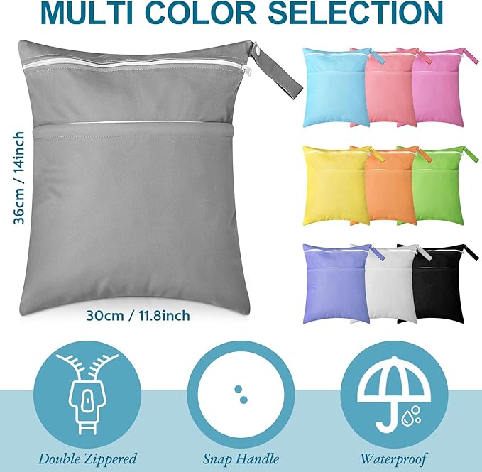 Woanger 10 Pack Wet Dry Bags for Baby Cloth Diapers Waterproof Reusable Travel Bags with Two Zippered Pockets Pool Beach Pouch for Swimsuit Beach Pool Daycare Yoga Gym Dirty Wet Clothe(Classic Color)
