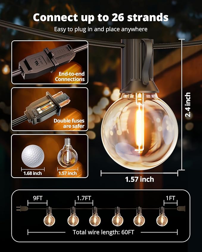 VIPAR Outdoor String Lights, 60FT 32 G40 Bulbs Patio Lights Outdoor Waterproof, Shatterproof Vintage Connectable LED Outside Hanging Light for Backyard, Porch, Garden, Deck, Bistro, 2700K Dimmable