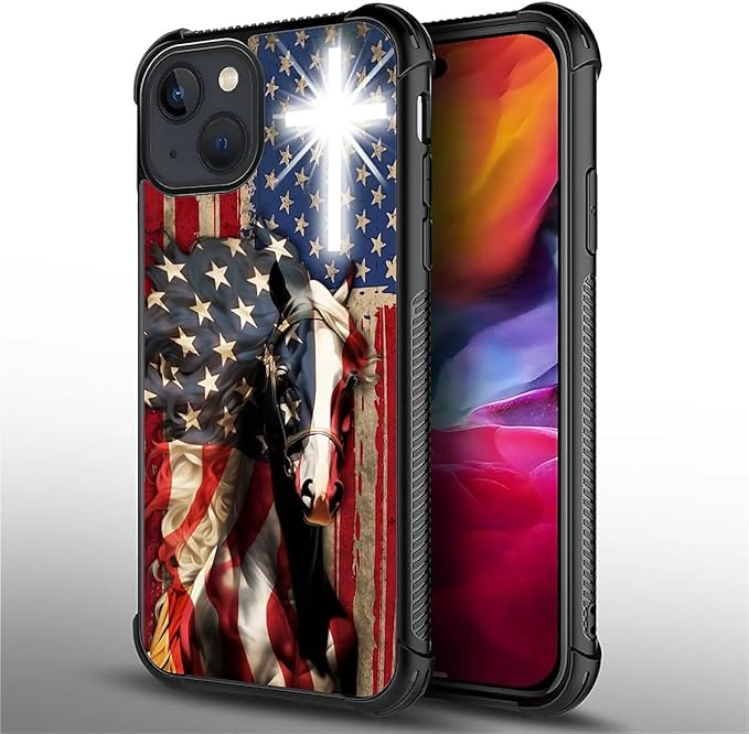 for iPhone 15 Plus Case, Red American Flag Horse Cross Pattern Made of Soft Silicone Hard Acrylic Shock Protection for iPhone 15 Plus