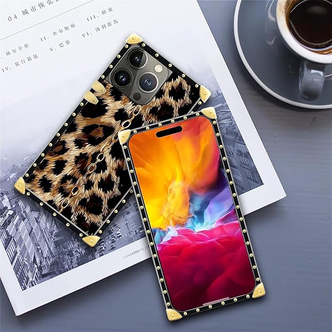 Compatible with iPhone 15 Pro Max Case, Seamless Gold Chain Leopard Luxury Golden Decoration for Girl Women Soft TPU Shockproof Protective Hard PC Back for iPhone 15 Pro Max