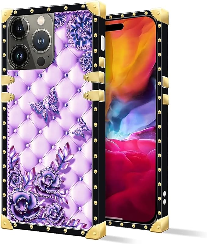 Compatible with iPhone 15 Pro Max Case, Purple Butterfly Flowers Leaf Luxury Golden Decoration for Girl Women Soft TPU Shockproof Protective Hard PC Back for iPhone 15 Pro Max