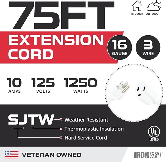 Iron Forge Cable Weatherproof 75 Ft Outdoor Extension Cord - 16/3 SJTW Heavy Duty White Extension Cord 3 Prong - 10 Amp Exterior Power Cable