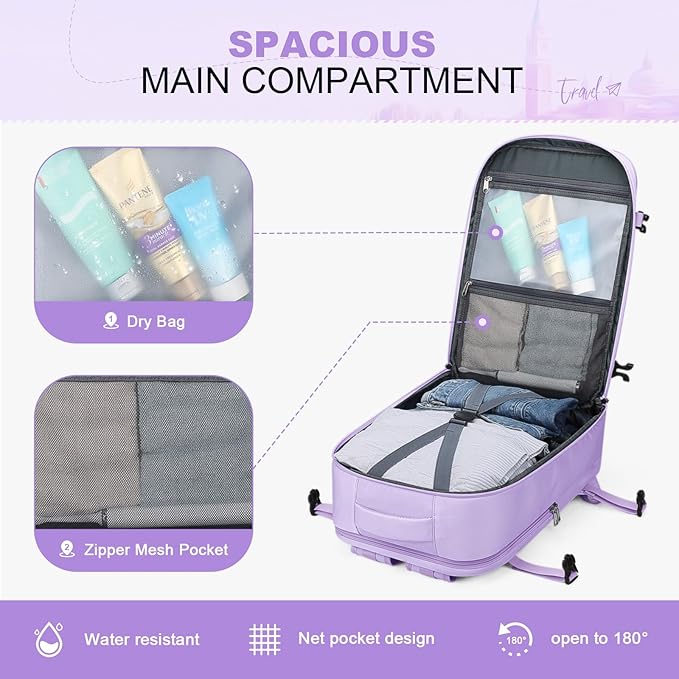Maelstrom Travel Backpack for Women Men,25L Laptop Backpack Fits 15.6-Inch Laptop,Waterproof Carry On Backpack for Airplanes with Detachable Crossbody Bag & Shoe Compartment (Purple, Medium)