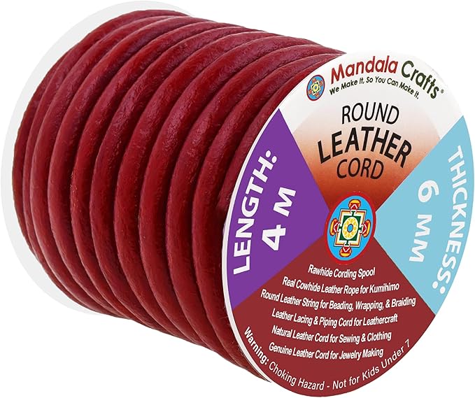 Mandala Crafts Round Genuine Burgundy Leather Cord for Jewelry Making – 6mm Cowhide Leather Rope String Lace for Kumihimo – 4.4 Yards Cowhide Craft Cording Spool