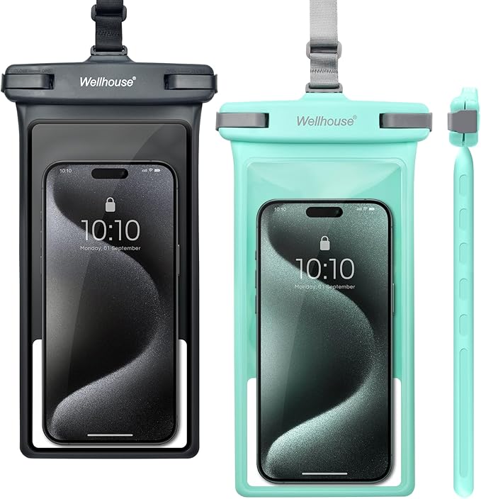 wellhouse Waterproof Phone Pouch, Waterproof Phone Case for iPhone17 16 15 14 13 Pro Max XS Samsung, IPX8 3D Cellphone Dry Bag Beach Essentials (2 Pack - Black & Green 8.0", 8 inch)