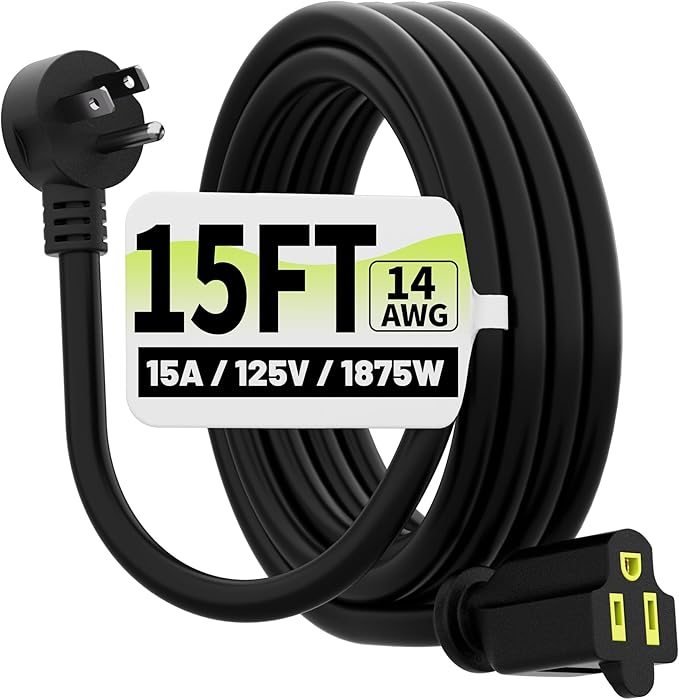 Vockjour 15 FT Black Low Profile Flat Plug 14 Gauge Heavy Duty Extension Cord, 14AWG 3-Wire Grounded Appliance Extension Cord, 15A/125V/1875W SJTW ETL Listed Power Cord