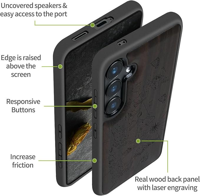 Carveit Wood Case for Galaxy S24 Plus Case [Natural Wood & Black Soft TPU] Shockproof Protective Cover Unique Wooden Design Compatible with S24 Plus (World Map-Blackwood)