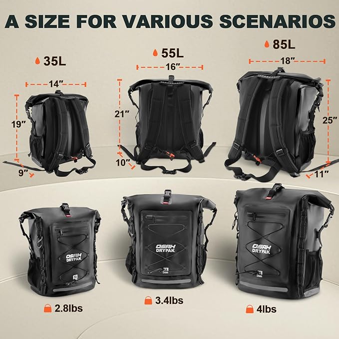 OSAH DRYPAK Waterproof Backpack Dry Bag 35L/55L/85L– Heavy Duty Roll-Top Hiking Backpack for Travel, Kayaking, Boating, Camping, Rafting and Fishing