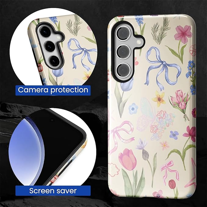 for Samsung Galaxy S24 Case,HL2 Aesthetic Flower Preppy Collage Hybrid 2 Layer Hard Shell Silicone Protective Pattern Design Case