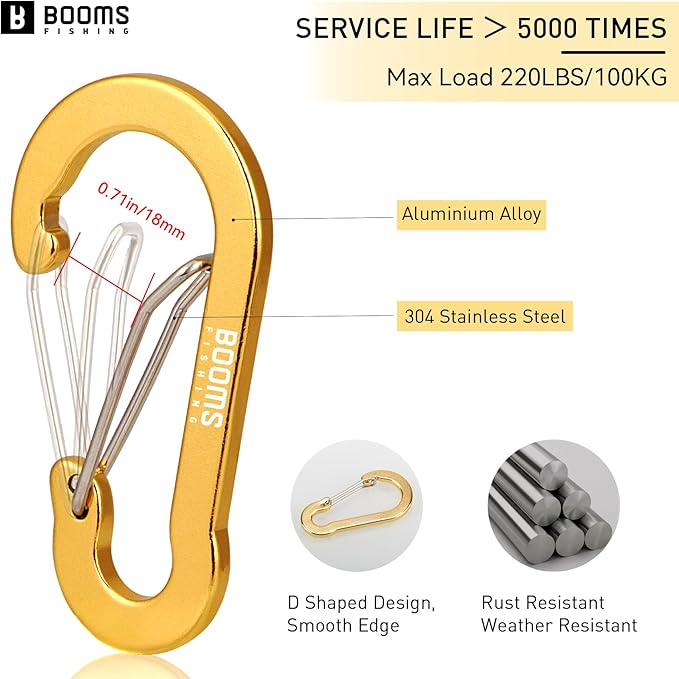 Booms Fishing CC5 Multi-Use Carabiner Clips, 10 Pack 2.3"/ 3.1" Caribeener Clips, Mini Keychain Caribeaner Clip, Aluminum D Ring Carabiners
