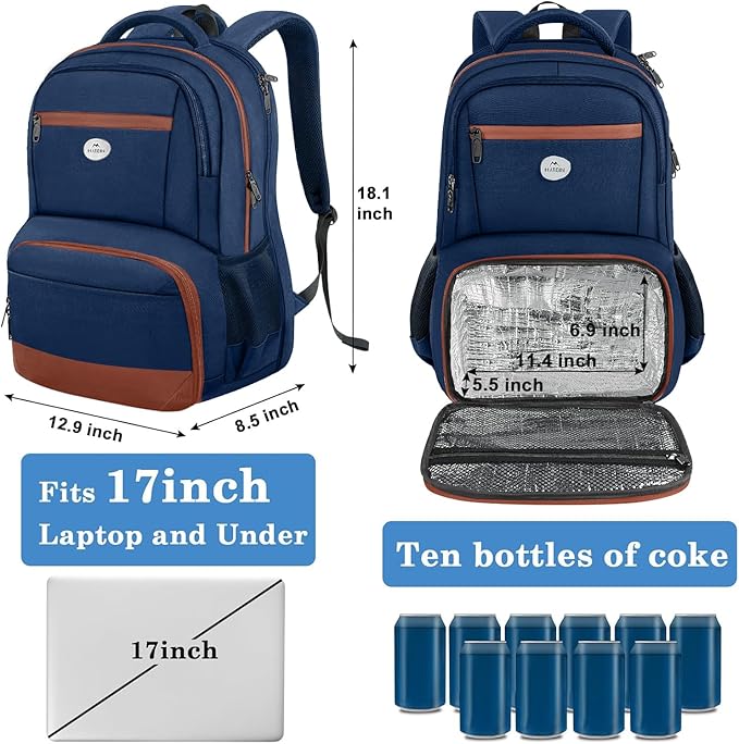 MATEIN Laptop Backpack with Lunch Compartment, Large Insulated Lunch Backpack for Men with Padded Straps, Water Resistant Sturdy TSA Work Bag for Office College Daily Commute, 17 Inch, Blue Orange