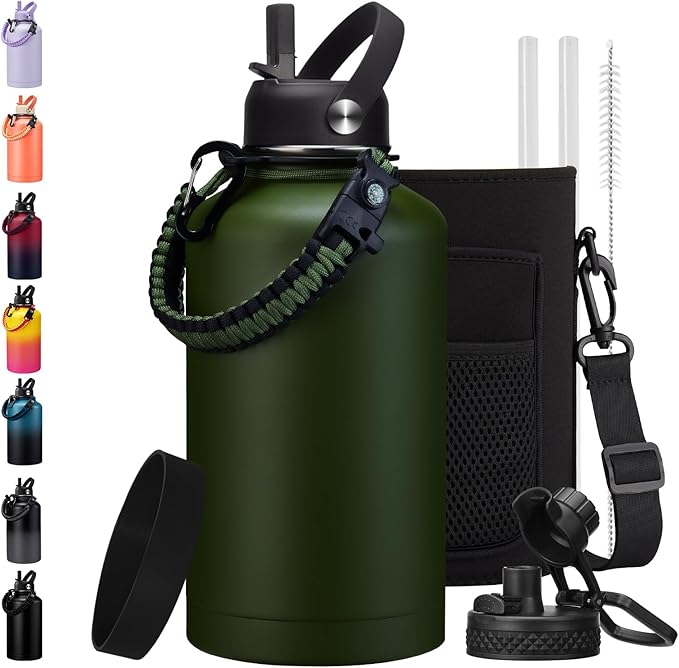 64 oz Canteen Water Bottle with Strap Tactical Half Gallon Insulated Jug Cold for 48 Hrs Stainless Steel Military Large Flask with Spout Lids, Carrier Bag Ideal for Hunting Survival Hiking Camping