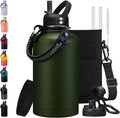 64 oz Canteen Water Bottle with Strap Tactical Half Gallon Insulated Jug Cold for 48 Hrs Stainless Steel Military Large Flask with Spout Lids, Carrier Bag Ideal for Hunting Survival Hiking Camping