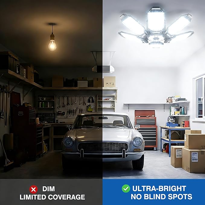BRAINIAC 150W LED Garage Light Bulb with 6 Adjustable Panels, E26/E27 Screw in Shop Light Ceiling Light for Garage Workshop Barn - 2Pack
