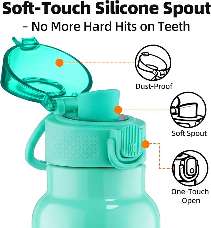 Fanhaw Daylite Series 24 oz Stainless Steel Insulated Water Bottle with Silicone Spout Lid, Double-Wall Vacuum Leakproof Metal Bottle, Anniversary Birthday Gift for Kids, Women & Men (Bianchi Green)