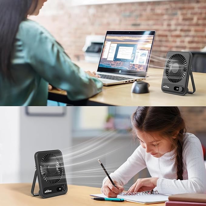 WHATOOK Small Desk Fan Personal Fans: 5000mah 25 Hours Battery Office Quiet Mini Desktop Fan Portable Rechargeable Travel Essentials (Black, 5000 mAh)