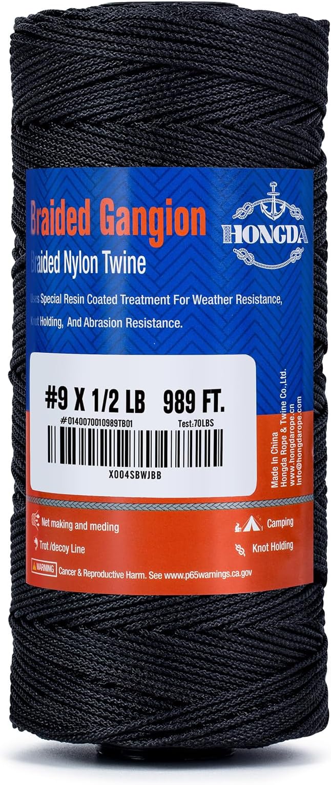 Hongda #9 Braided Bank Line Twine, 989 Feet Black Bonded Nylon Gangion Line (70–300 lb), Predictable Break Strength • Abrasion & UV Resistant • Clean Easy for Offshore Tuna Longline & Groundfish Sets