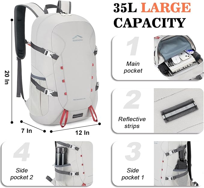 BAGPARKK Hiking Backpack,Large 35L Travel Backpacks for Men Women,Ultra Lightweight Packable Camping Daypack for Outdoor Sports (Light Gray)