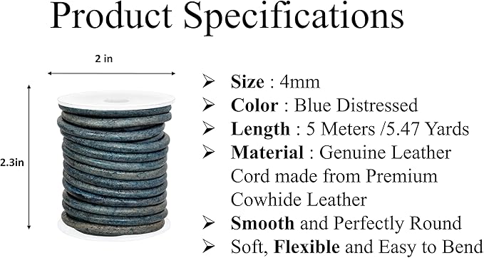 GENIQUE Real/Genuine Round Leather String Cord for Necklace, Bracelets, Jewellery, Braiding (4mm, Blue Distressed)