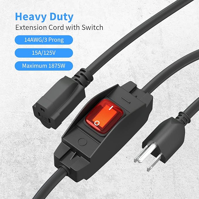 FIRMERST 1875W Outdoor Extension Cord with Switch Waterproof Black 10 Feet