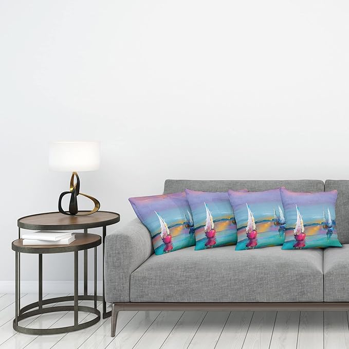Ambesonne Abstract Oil Painting Decorative Throw Pillow Case Pack of 4, Modern Art with Boat Sail on The Sea Illustration of Nautical Motifs, Cushion Cover for Couch Living Room Car, 16", Purple Teal