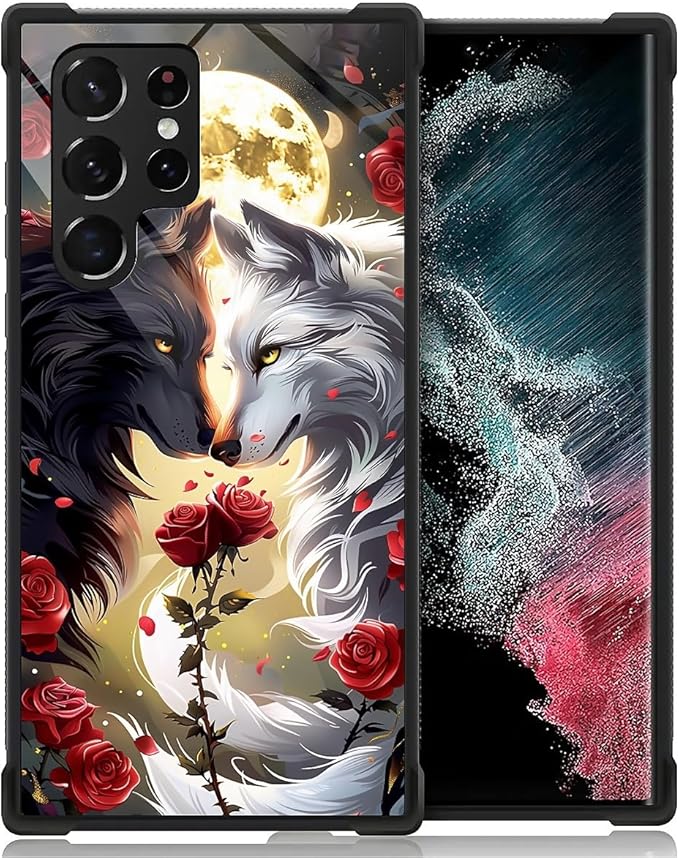 for Samsung Galaxy S23 Ultra Case, Black White Wolf Moon Flower Rose Pattern Graphic Design Girl Boy Soft Silicone Hard Acrylic Shock Protection for Samsung Galaxy S23 Ultra